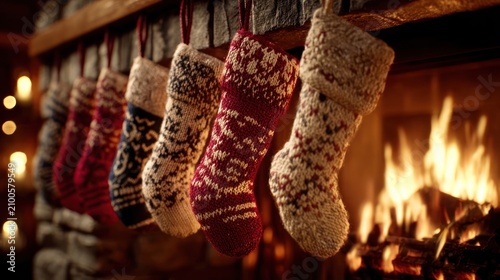 cheerful Christmas stockings hung by a roaring fire,