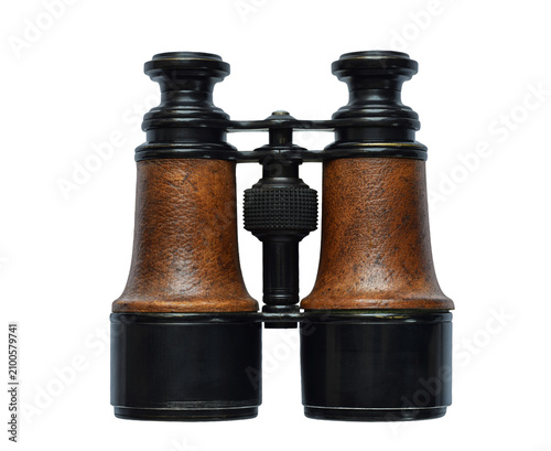 Front view of vintage field binocular with brown leather barrel and black metal focus wheel isolated on transparent background