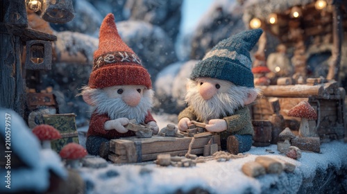 cheerful elves making toys in a winter wonderland,