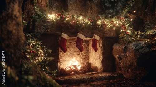 cheerful fireplace with stockings in a magical forest,