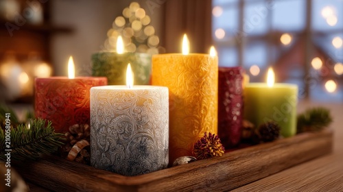 cheerful holiday candles lit in a decorated living room,