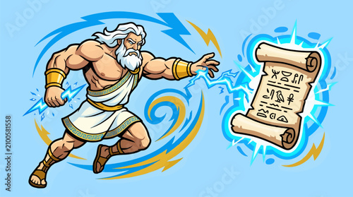 Obraz na płótnie Muscular Zeus Illustration with Lightning Bolt and Ancient Scroll, Greek Mytholo