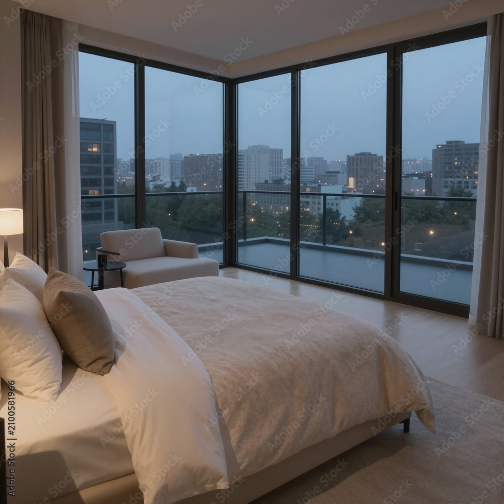 Obraz premium Spacious master bedroom with panoramic city views at dusk