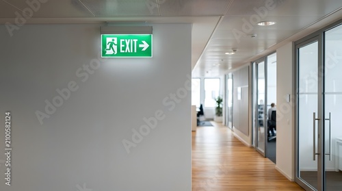 Bright green illuminated exit sign mounted on white wall of a contemporary professional office corridor with emergency, corridor