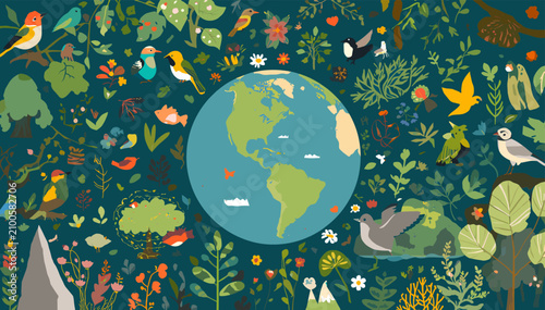 Fotografie A vibrant illustration of Earth surrounded by a rich tapestry of diverse flora and fauna, symbolizing biodiversity and ecological balance