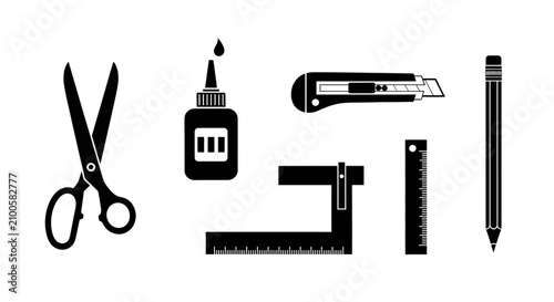 Office supplies icons set with collection black white office supply icons icons including scissors scissors glue utility utility knife pencil