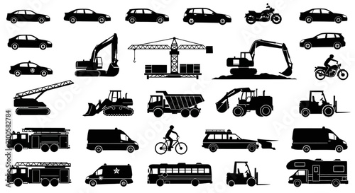 Collection of various vehicle silhouettes with trucks construction equipment various vehicles with black silhouettes fire trucks transportation