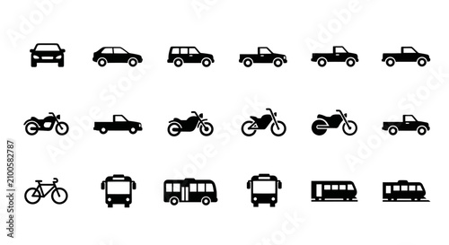 Foto Collection of various transportation icons in black silhouette with collection b