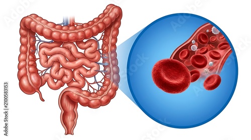 Human digestive system with blood cells in vein  health and medical concept