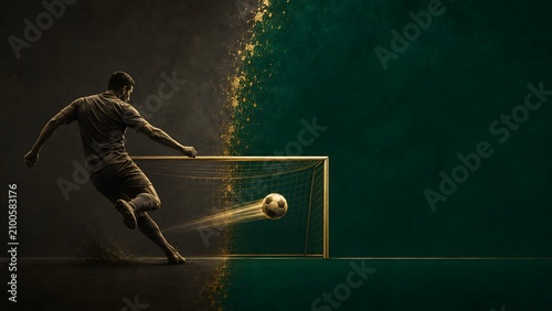 sports football advertising illustration of powerful shot crossing from darkness into vivid green symbolizing changing momentum

