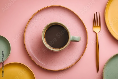A minimalist flat lay featuring a cup of black coffee on a pink plate surrounded by colorful ceramic tableware.