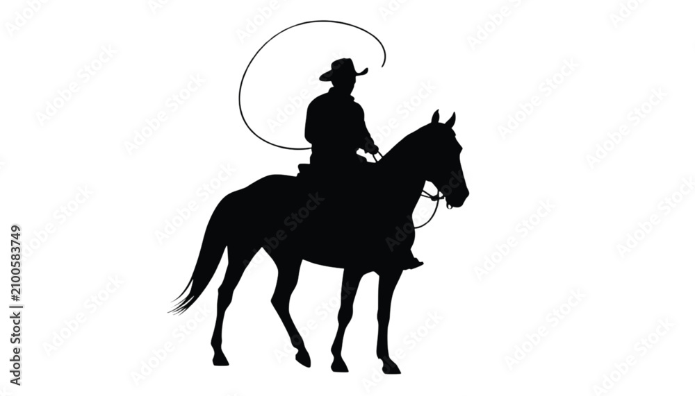Naklejka premium Cowboy sits on a horse while holding a rope to perform his daily work at the rural ranch area.