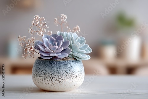 A beautiful arrangement of purple and blue succulents with delicate white flowers in a stylish speckled ceramic pot.