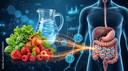 Human digestive system with fruits and water pitcher for healthy gut concept