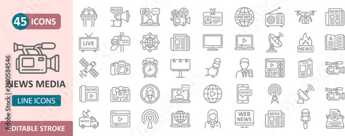 Obraz na płótnie Set of 45 news media and broadcasting line icons with news anchor social media p