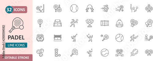 Schilderij op canvas Set of 32 padel racket and court sports line icons with racket sport equipment g