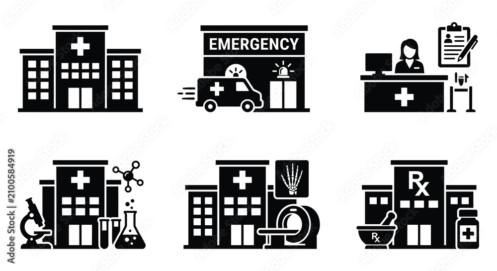 Fototapeta premium Medical Facility Icons Black Vector Silhouettes On White Background