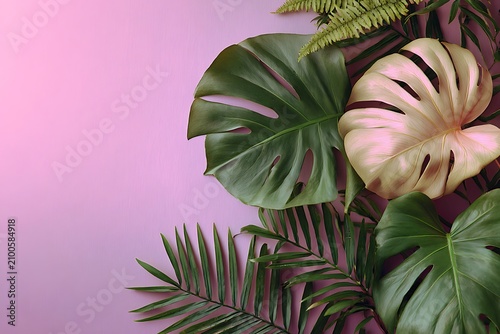 A beautiful flat lay composition of tropical monstera and palm leaves on a soft pink background with copy space.