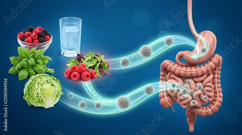 Human digestive system with healthy food and glowing gut bacteria  gut health concept