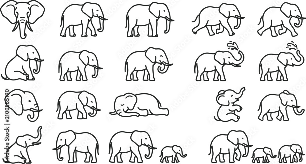 Obraz premium Minimalist vector graphic illustration collection featuring various cute elephant poses such as walking standing sitting and playing in black outlines on a clean white background for diverse creative 
