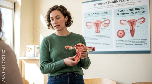 A woman is presenting a gynecological health education session. She stands in a classroom setting, holding a model of the female reproductive system.