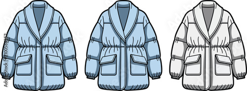 Fotografie Technical fashion illustration of three women's puffer coats in various colors