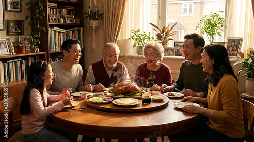 Joyful Family Gathering Around Table Enjoying a Delicious Roasted Duck Meal Together