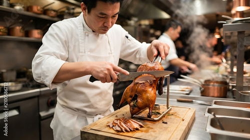 Skilled Chef Carving a Crispy Peking Duck in a Professional Restaurant Kitchen