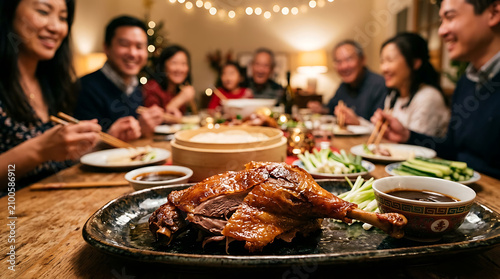 Succulent Peking Duck ready for a festive family dinner, showcasing culinary tradition and shared joy.