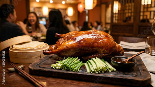 Succulent Roasted Peking Duck presented on a rustic wooden platter with fresh scallions and cucumber slices, ready for a delightful dining experience.