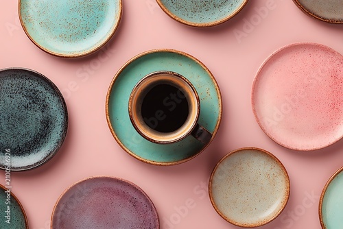 A top-down view of a black coffee cup surrounded by colorful ceramic plates on a soft pink background.