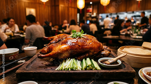 Whole Roasted Peking Duck Served with Sliced Scallions and Cucumber on a Wooden Platter