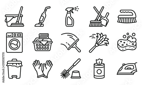 Set of black and white line icons representing various household cleaning tools and laundry equipment for daily home maintenance chores tasks