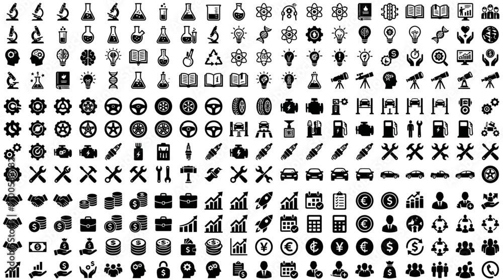 Obraz premium Dense symbols and icons illustration - black and white signs graphics patterns, vector design set