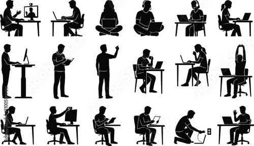 Bild auf Leinwand Remote Work Silhouettes Set - People Laptop Video Call Home Office Vector Icon C