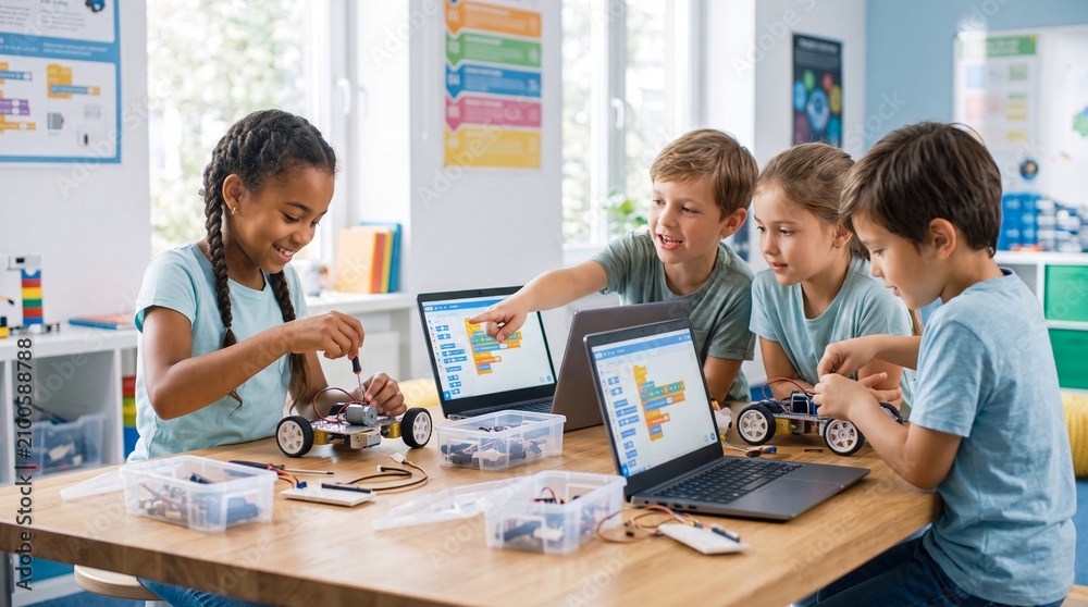 Fototapeta premium A group of diverse children engaged in a fun and interactive robotics project in a modern classroom setting.