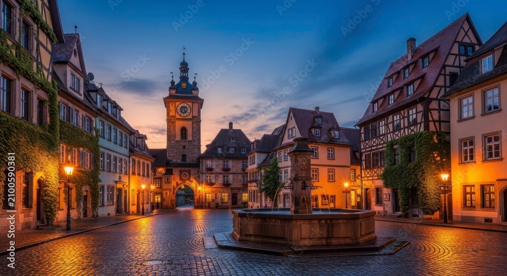 Fototapeta premium Cobblestone square with a stone fountain and half-timbered houses in colmar, france at twilight