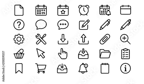 Modern Business Productivity Line Icons Set with Calendar Document Search and Settings Vector