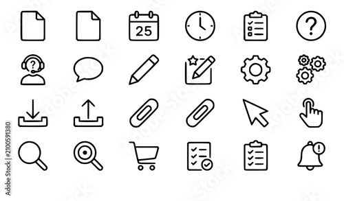 Essential Document Time Calendar and UI Line Icons Collection Classic Outline Vector Set