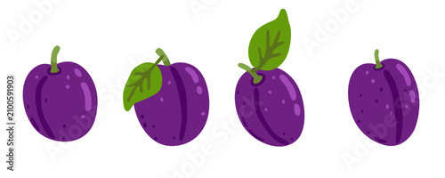 Set of cute purple plums with leaves in different styles, isolated on white background. Fresh juicy orchard fruit for healthy food and harvest themes. Flat vector illustration.