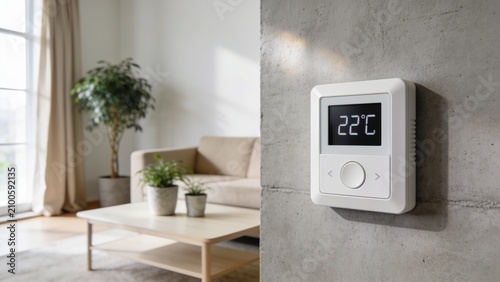 Modern living room with smart thermostat displaying 22 degrees Celsius for cozy home climate control