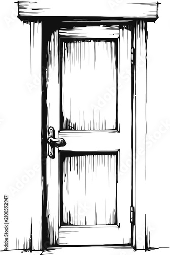 Classic wooden door with vintage handle sketch black and white hand drawn entryway panel design