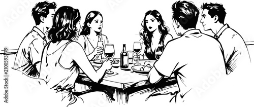 Group of friends enjoying dinner and drinks at a table in casual social gathering