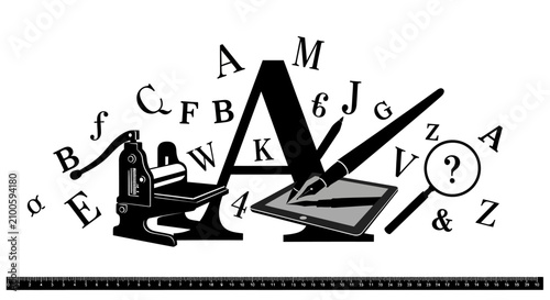 Black and white typography illustration featuring a large letter a letterpress machine with monochrome composition vintage printer scattered alphabet symbols