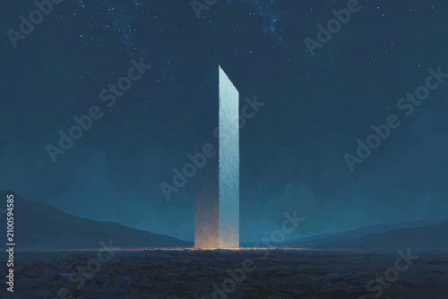 A tall obelisk standing in the middle of a desert at night surrounded by hills and illuminated by the stars in the sky.