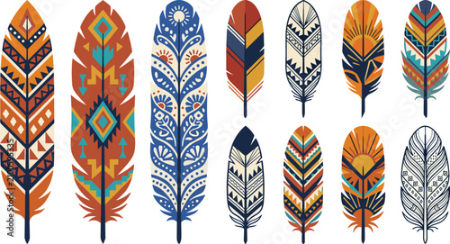 Boho Tribal Feather Vector Icon Set with Ethnic Aztec Ornaments and Native American Pattern Designs for Graphic Illustration, Tattoos, and Creative Backgrounds