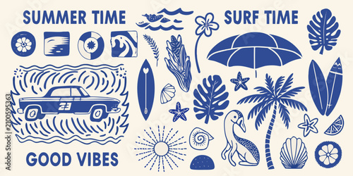 Konstfotografi Tropical Summer Illustration With Car Surfboard And Palm Leaves