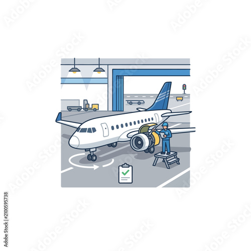 Aircraft Maintenance in Hangar: Mechanic Inspecting Jet Engine