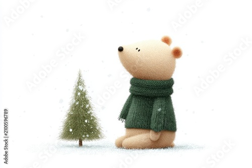 A teddy bear wearing a green scarf standing next to a small christmas tree in the snow.