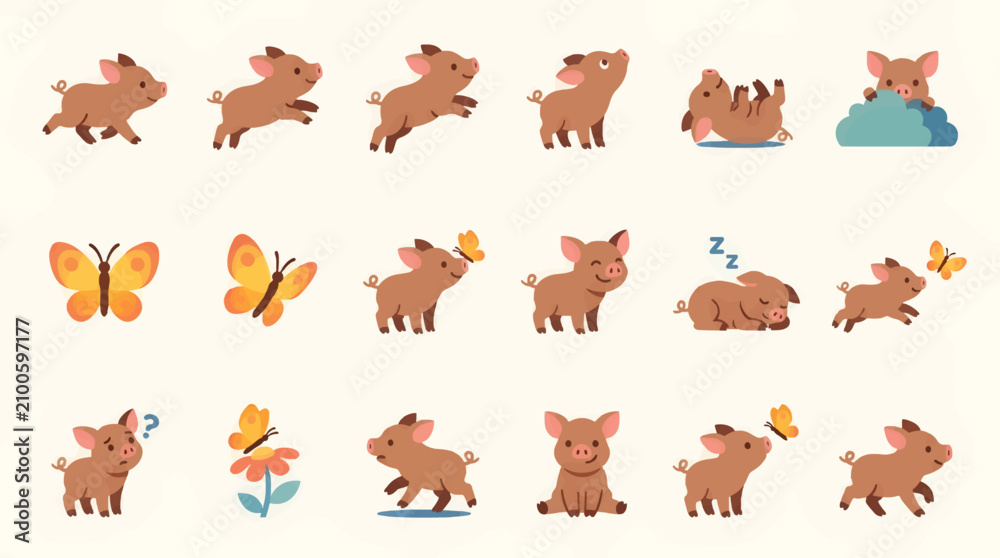 Obraz premium Playful Piglet Icon Sheet with Butterflies and Flower, Flat Design Vector Illustrations of Cute Pig Characters in Various Poses and Actions, Whimsical Farm Animal Graphics
